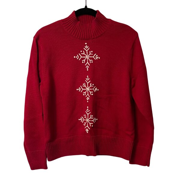 Talbots Red Snowflake Embroidered Cotton Sweater | Size Large - Picture 1 of 5